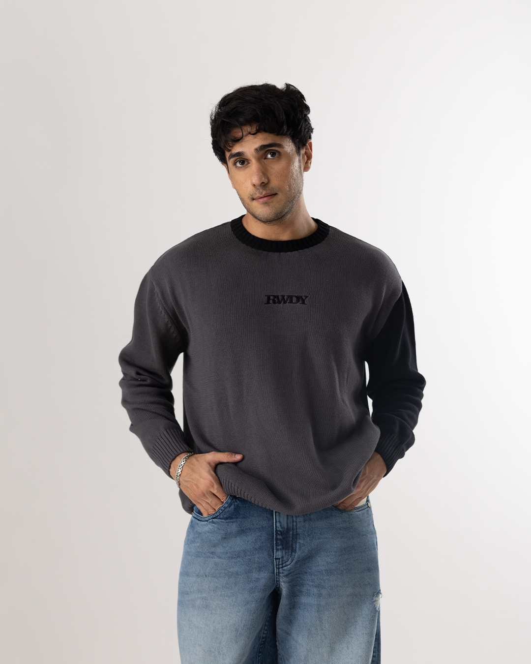 RWDY BLOCK KNIT SWEATER| CHARCOAL